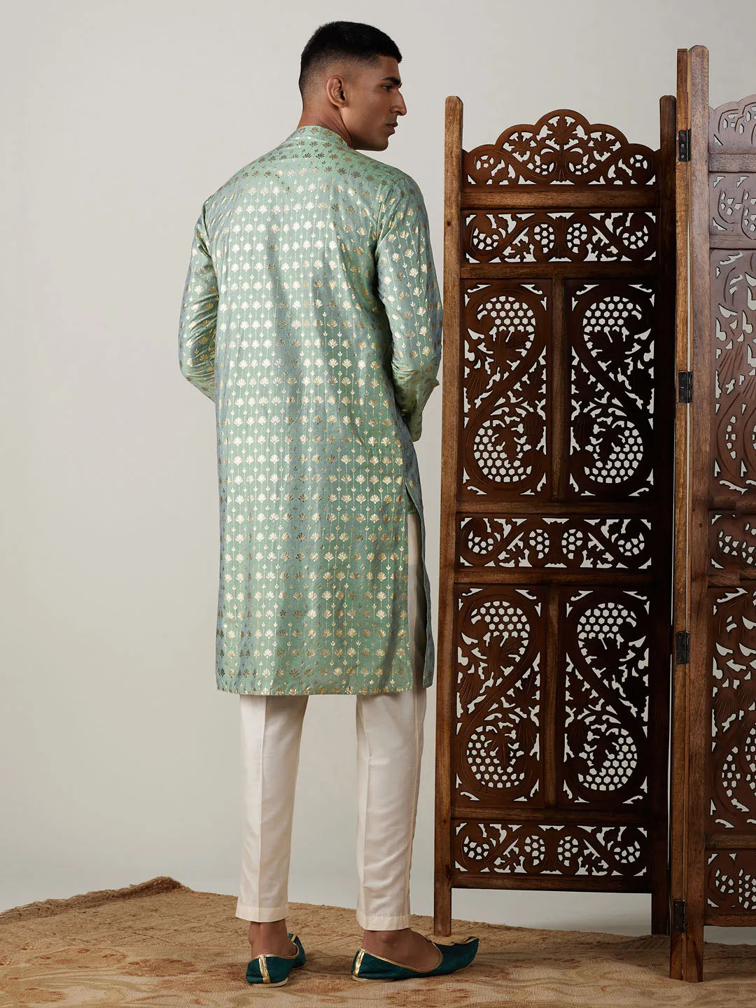 VASTRAMAY Men's Light Green Foil Printed Kurta With Cream Pant Style Pyjama Set