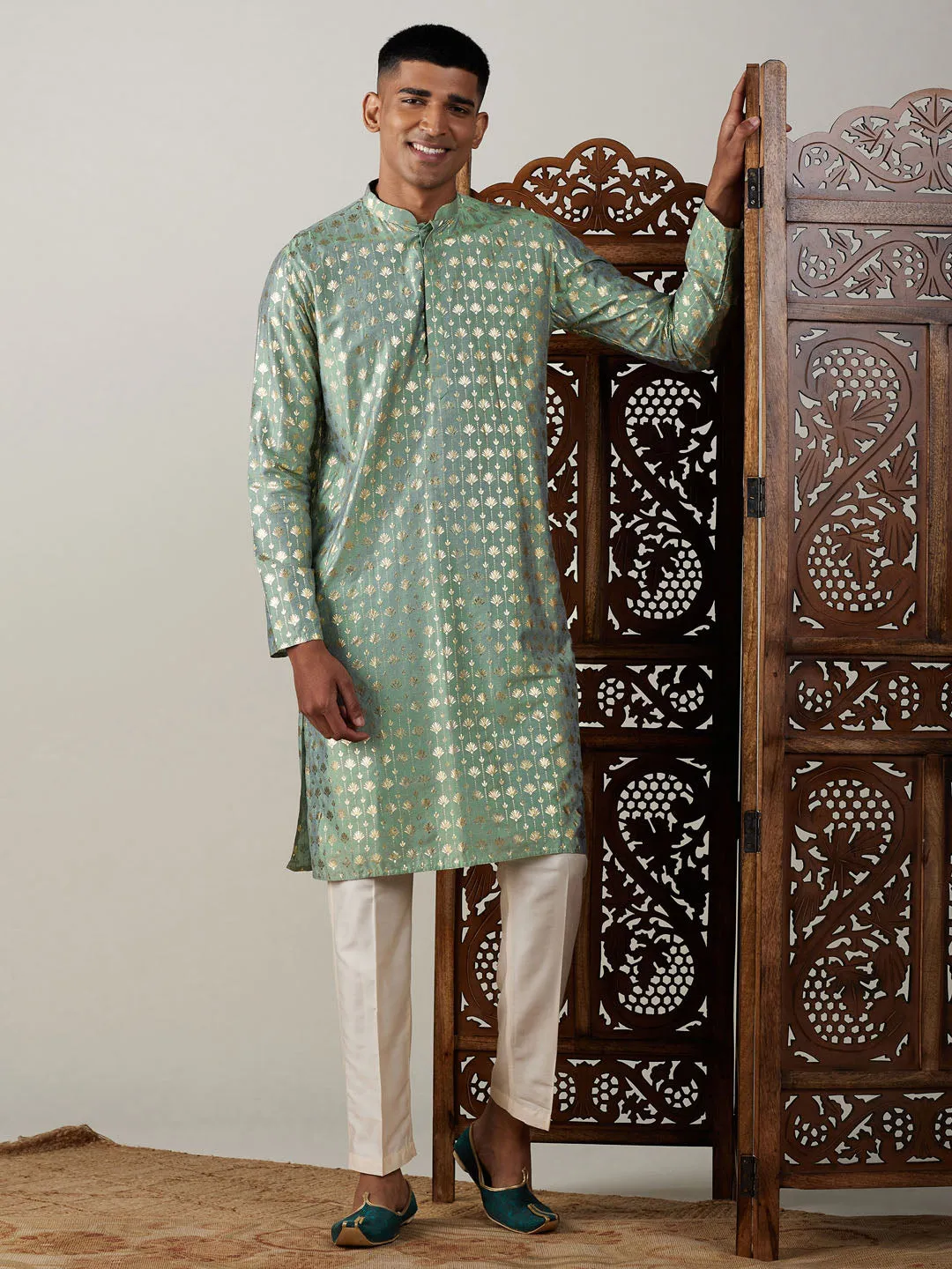 VASTRAMAY Men's Light Green Foil Printed Kurta With Cream Pant Style Pyjama Set