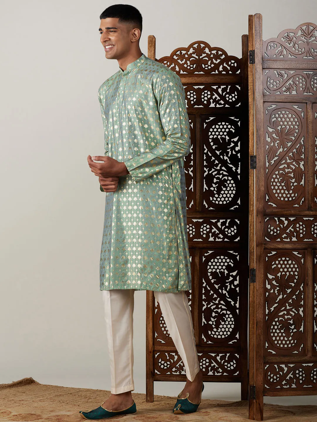 VASTRAMAY Men's Light Green Foil Printed Kurta With Cream Pant Style Pyjama Set