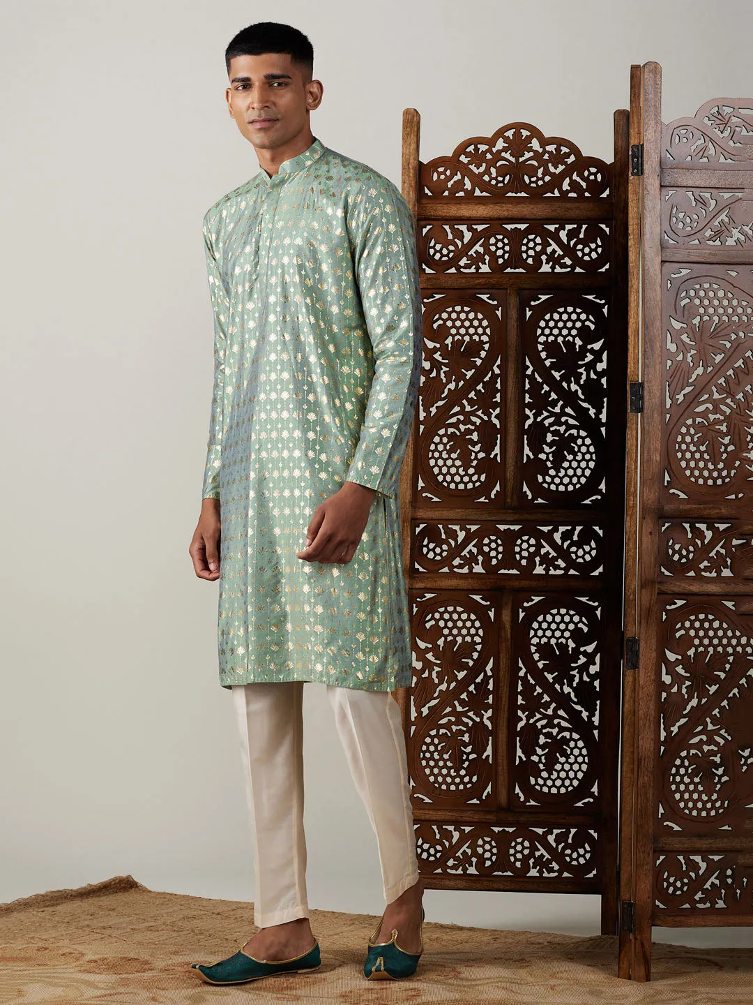 VASTRAMAY Men's Light Green Foil Printed Kurta With Cream Pant Style Pyjama Set