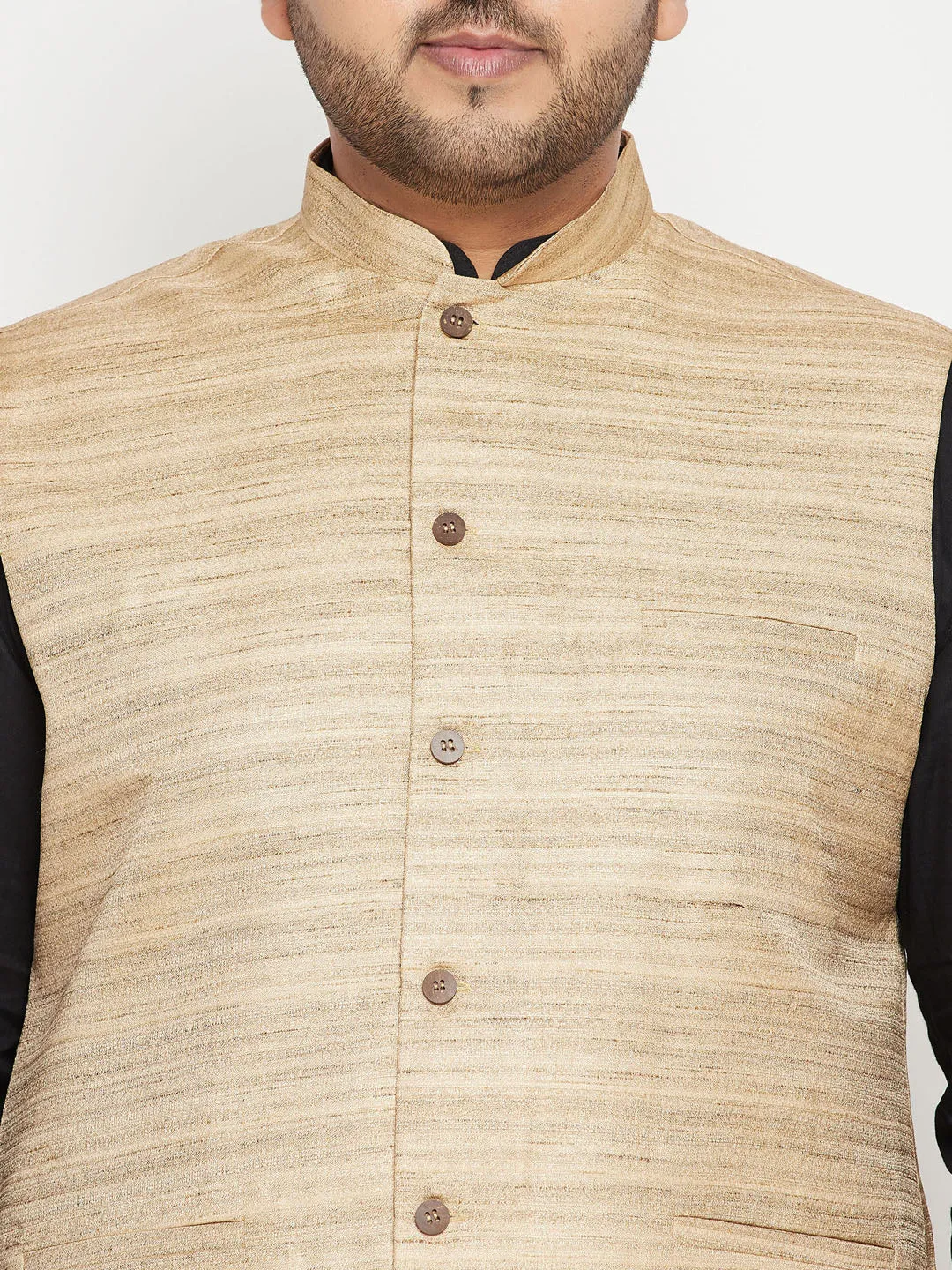 VASTRAMAY Men's Plus Size Black and Beige Cotton Blend Jacket Kurta Pyjama Set