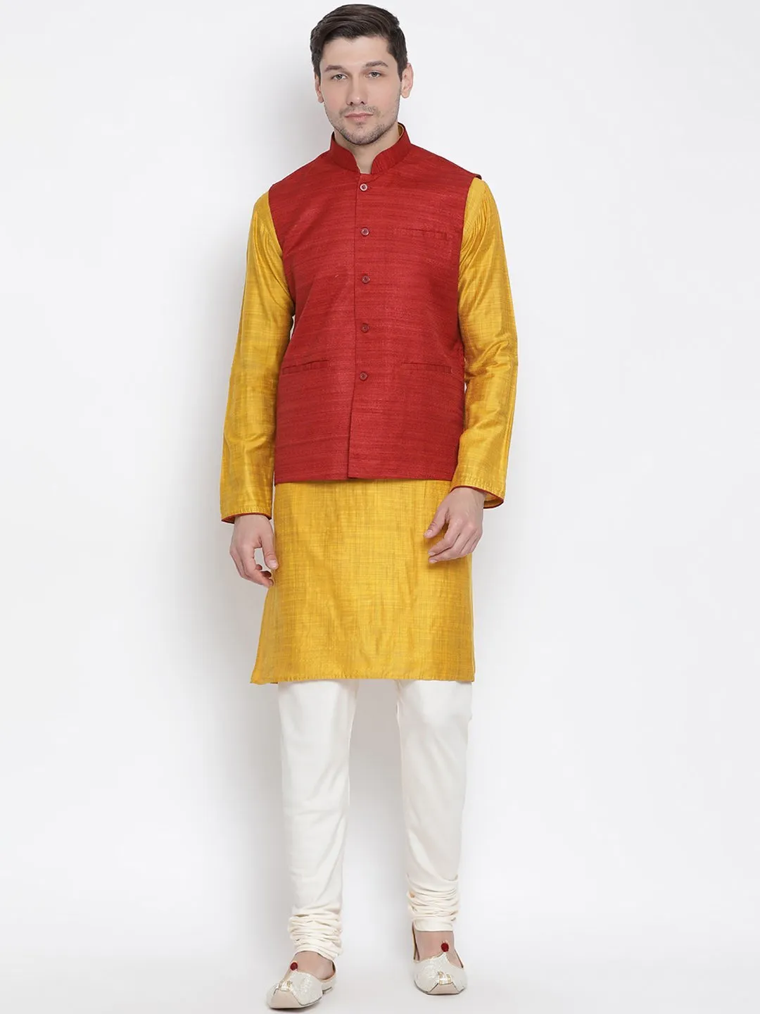 VASTRAMAY Men's Yellow Cotton Silk Blend Kurta, Ethnic Jacket and Pyjama Set