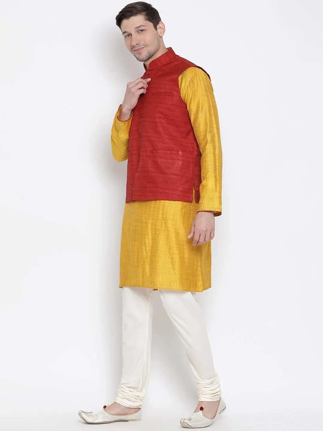 VASTRAMAY Men's Yellow Cotton Silk Blend Kurta, Ethnic Jacket and Pyjama Set