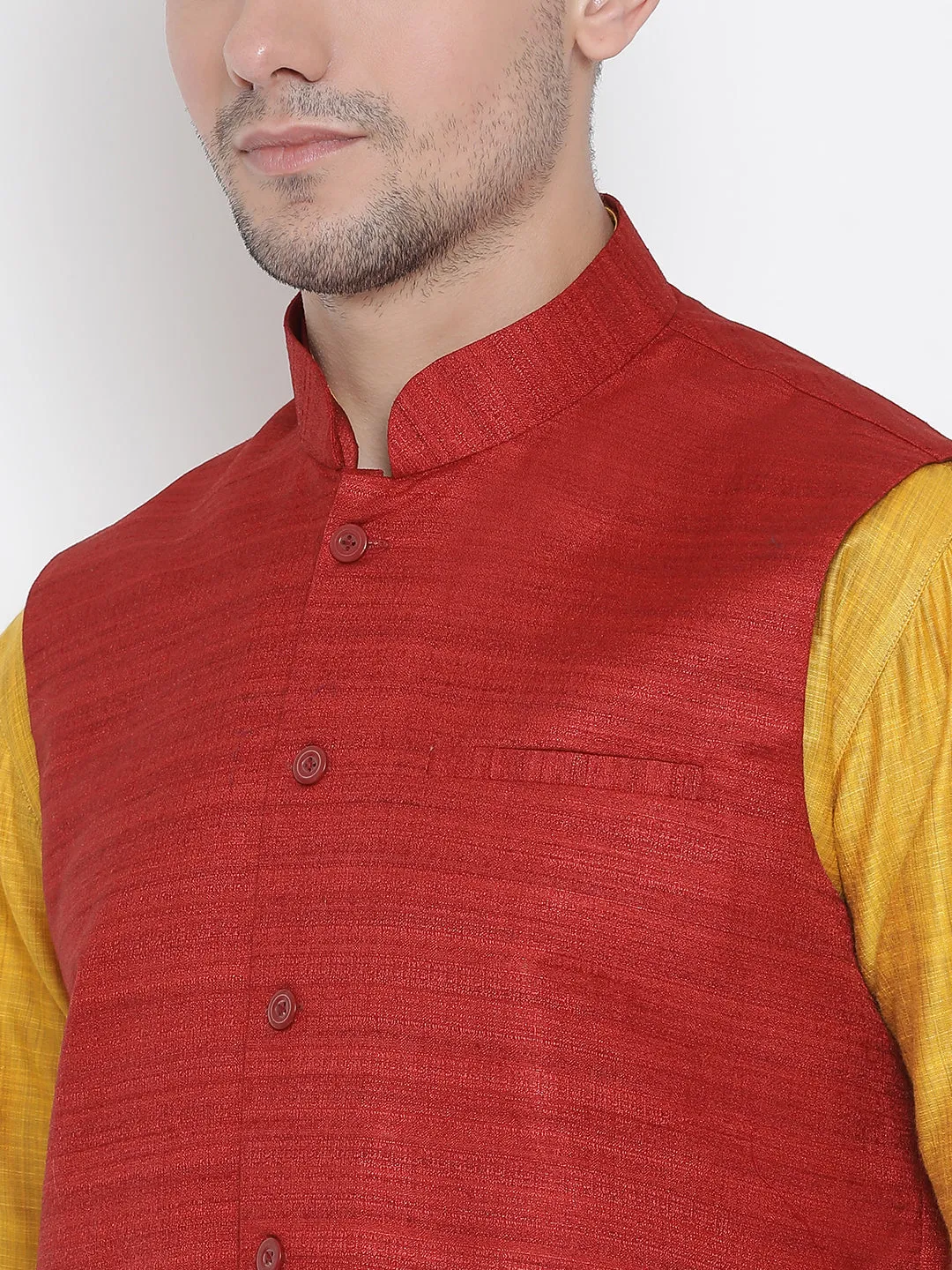 VASTRAMAY Men's Yellow Cotton Silk Blend Kurta, Ethnic Jacket and Pyjama Set