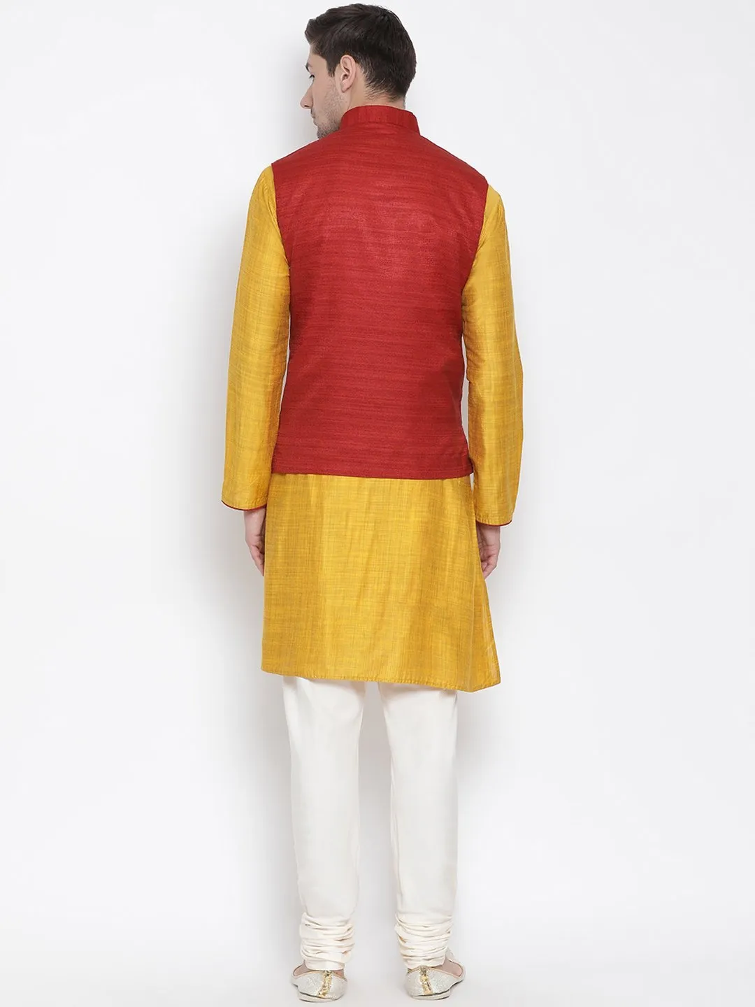 VASTRAMAY Men's Yellow Cotton Silk Blend Kurta, Ethnic Jacket and Pyjama Set