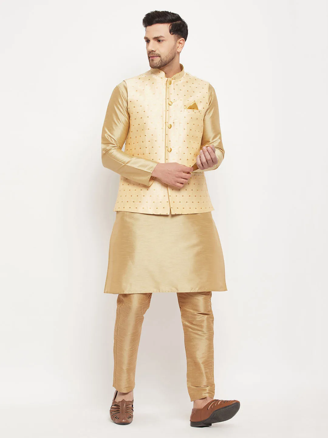 VM BY VASTRAMAY Men's Gold Zari Weaved Jacket With Kurta Pant Set