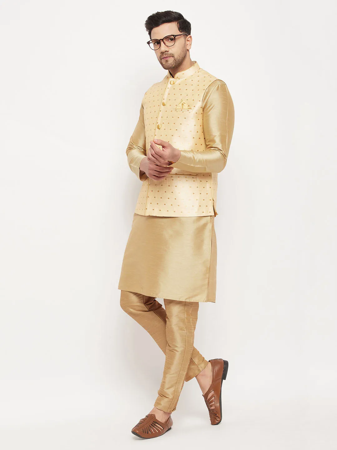 VM BY VASTRAMAY Men's Gold Zari Weaved Jacket With Kurta Pant Set