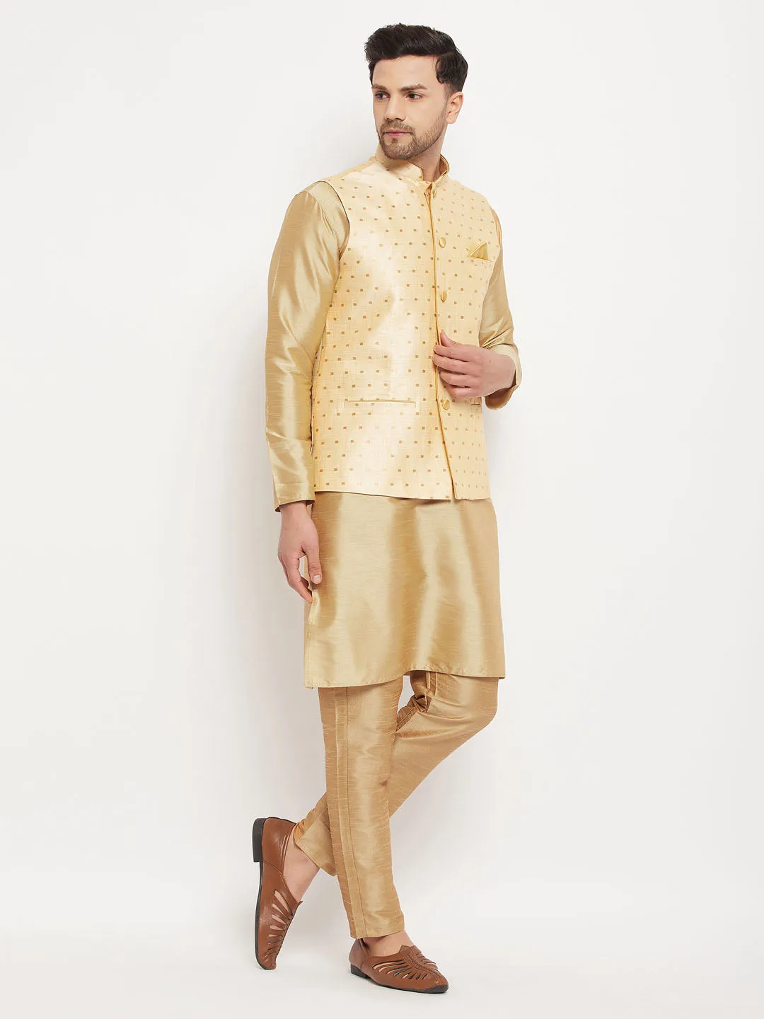 VM BY VASTRAMAY Men's Gold Zari Weaved Jacket With Kurta Pant Set