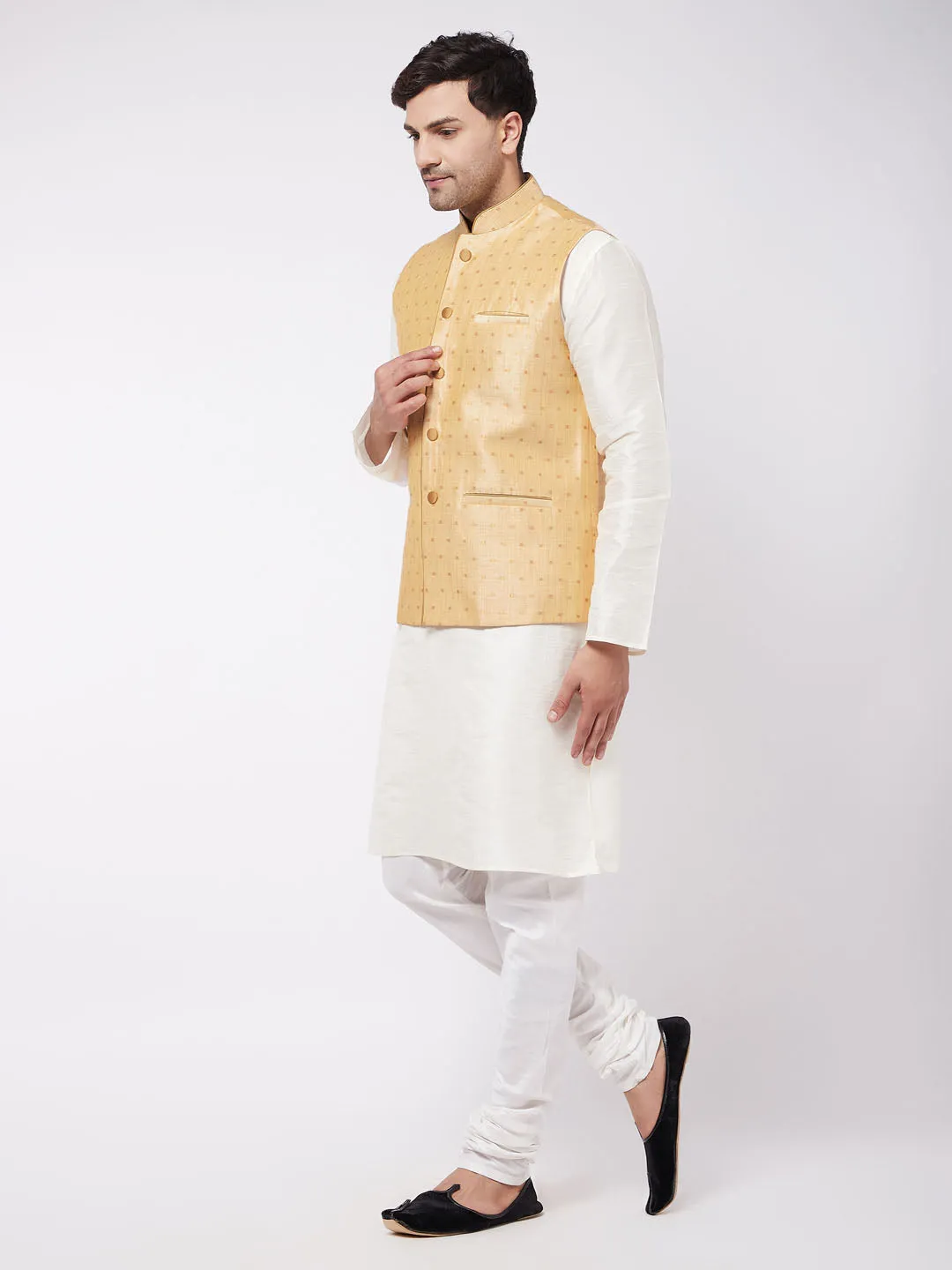 VM By VASTRAMAY Men's Gold Zari Weaved Jacket With Kurta Pyjama Set