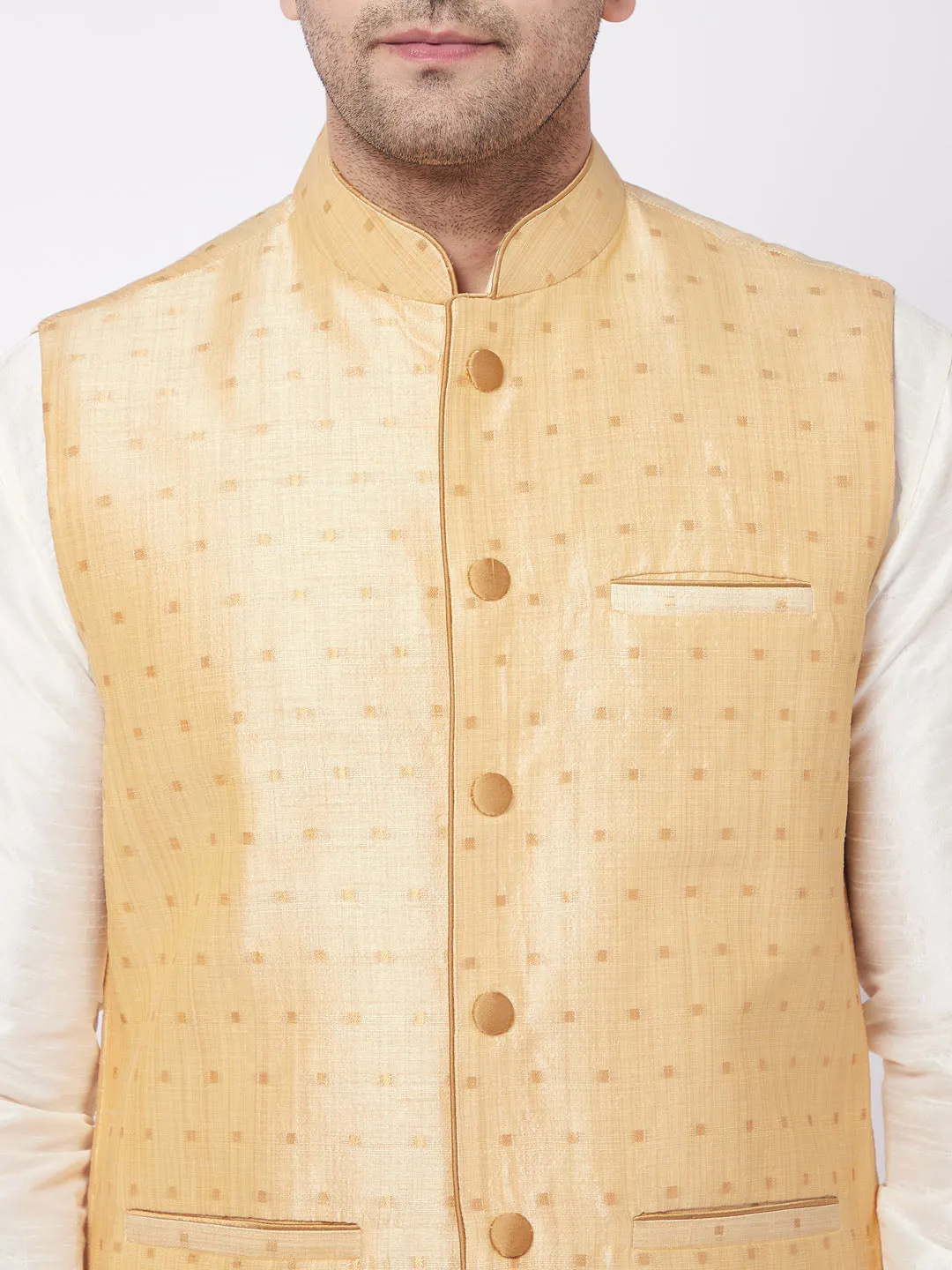 VM By VASTRAMAY Men's Gold Zari Weaved Jacket With Kurta Pyjama Set