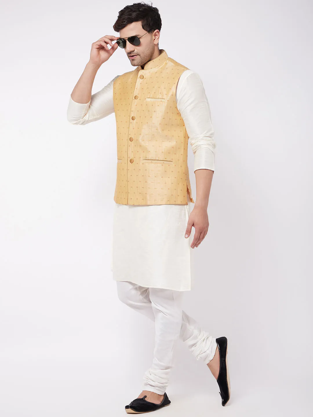 VM By VASTRAMAY Men's Gold Zari Weaved Jacket With Kurta Pyjama Set