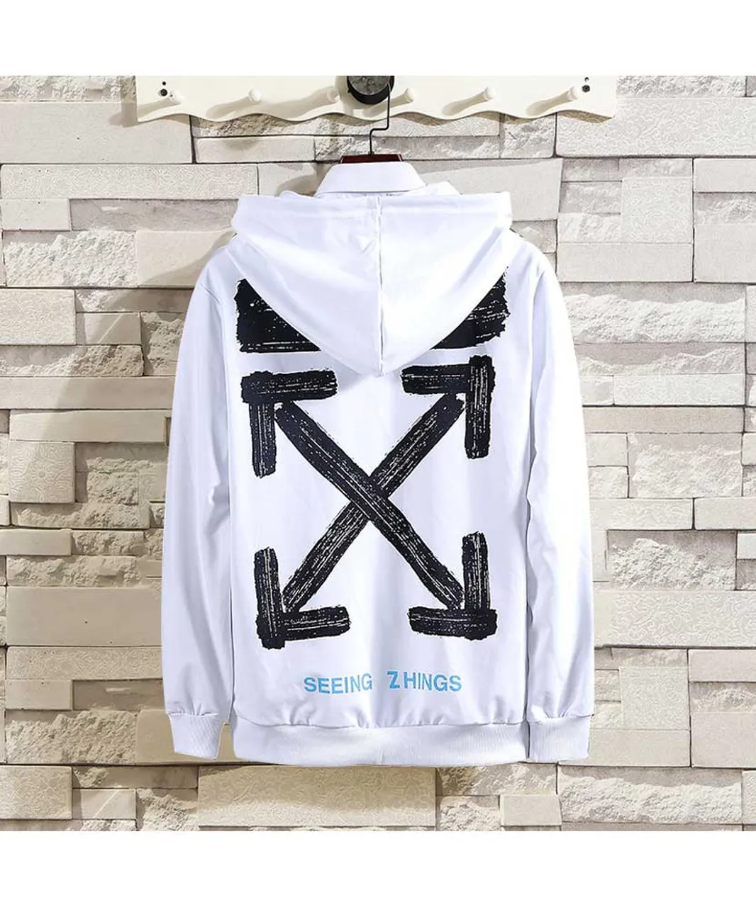 White long sleeve print pull over hoodies with pouch pocket