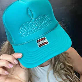 White on Turquoise Boot Stitch Trucker Cap