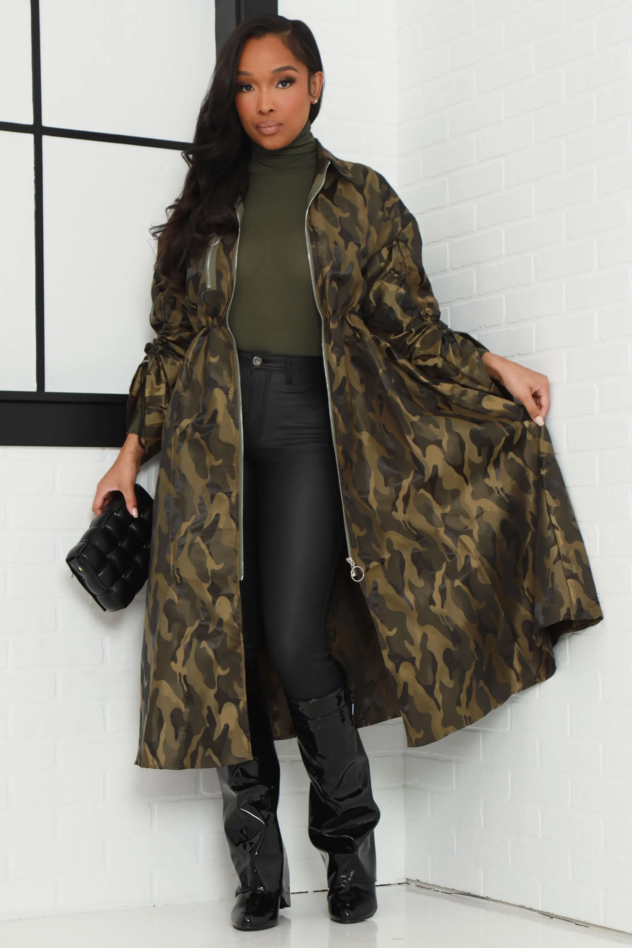 Wildin Ruched Longline Zippered Jacket - Camouflage