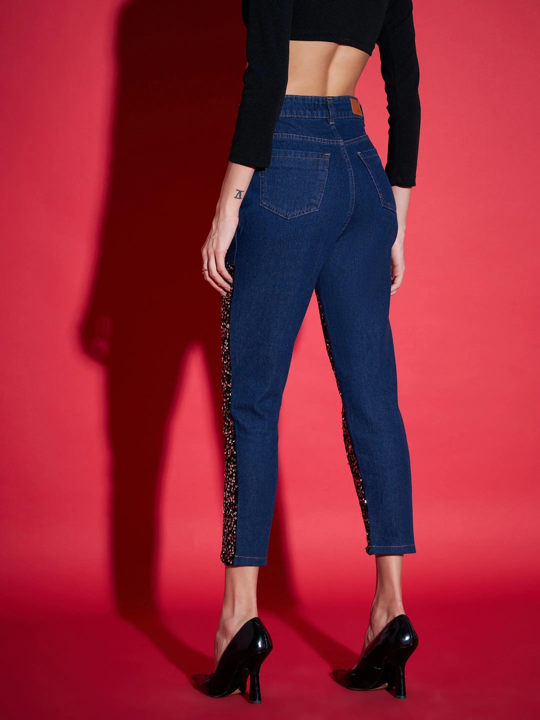 Women Blue Sequence Detail Mom Jeans