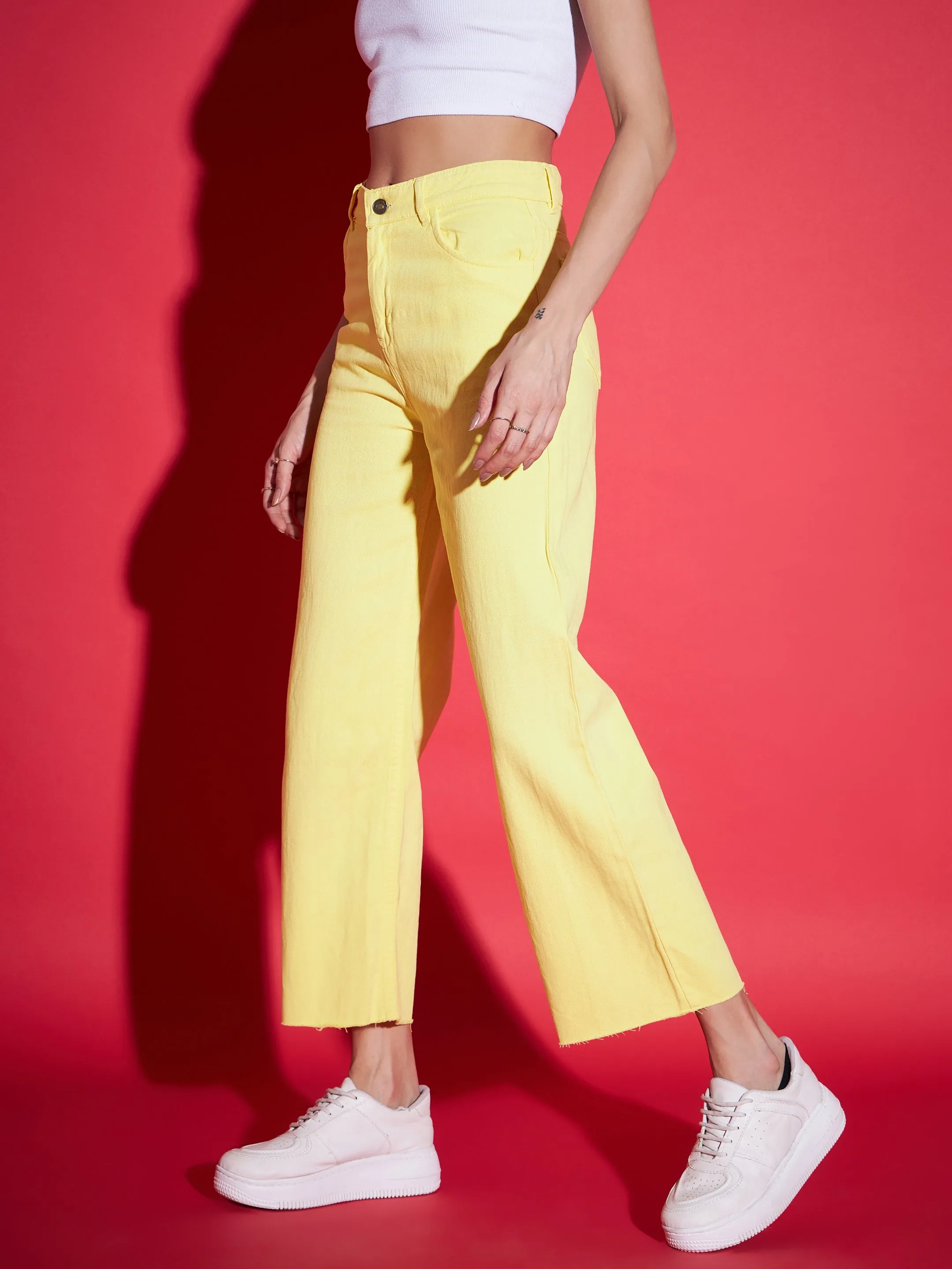 Women Yellow Raw Edge Jeans