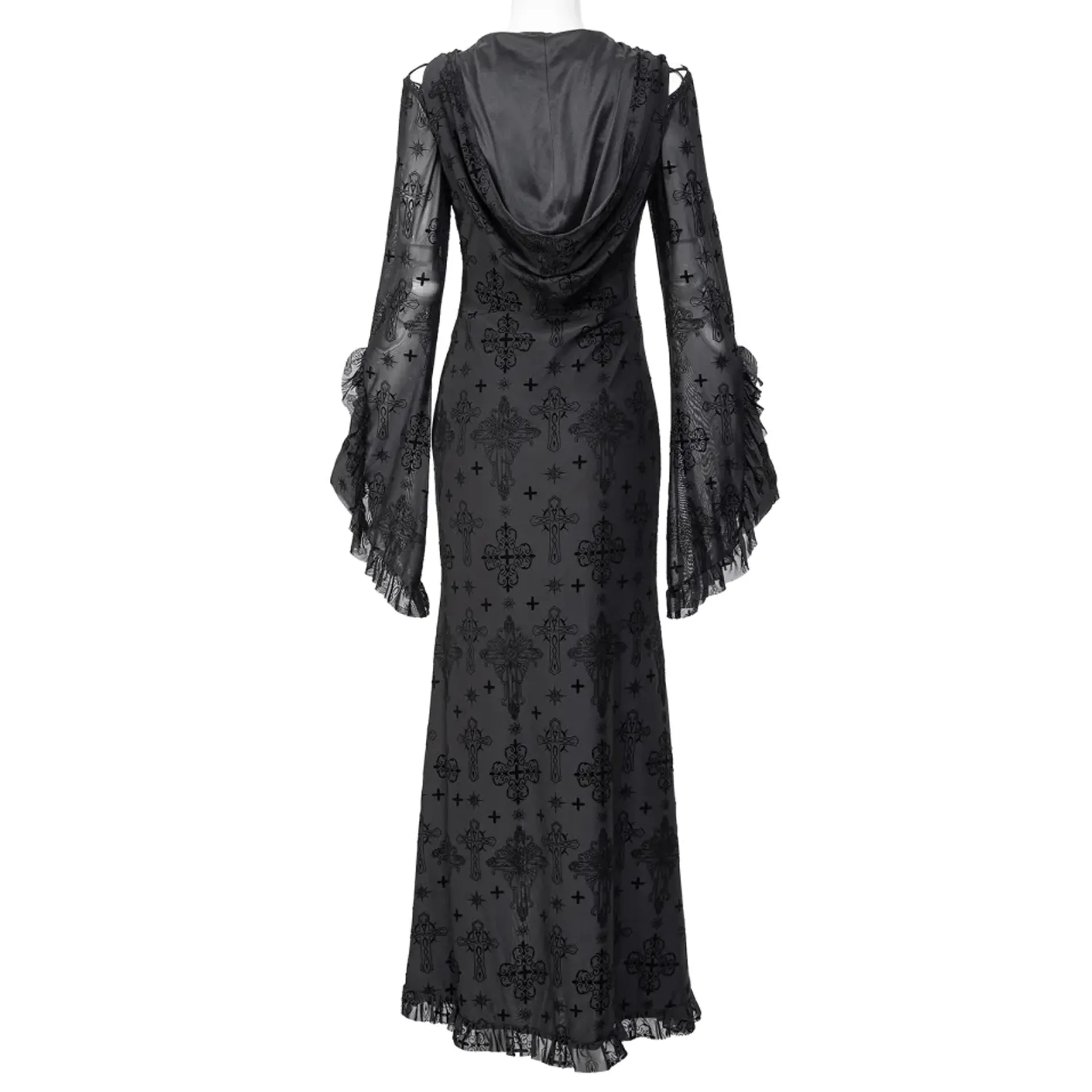 Women's Gothic Plunging Flared Sleeved Split Dress with Hood