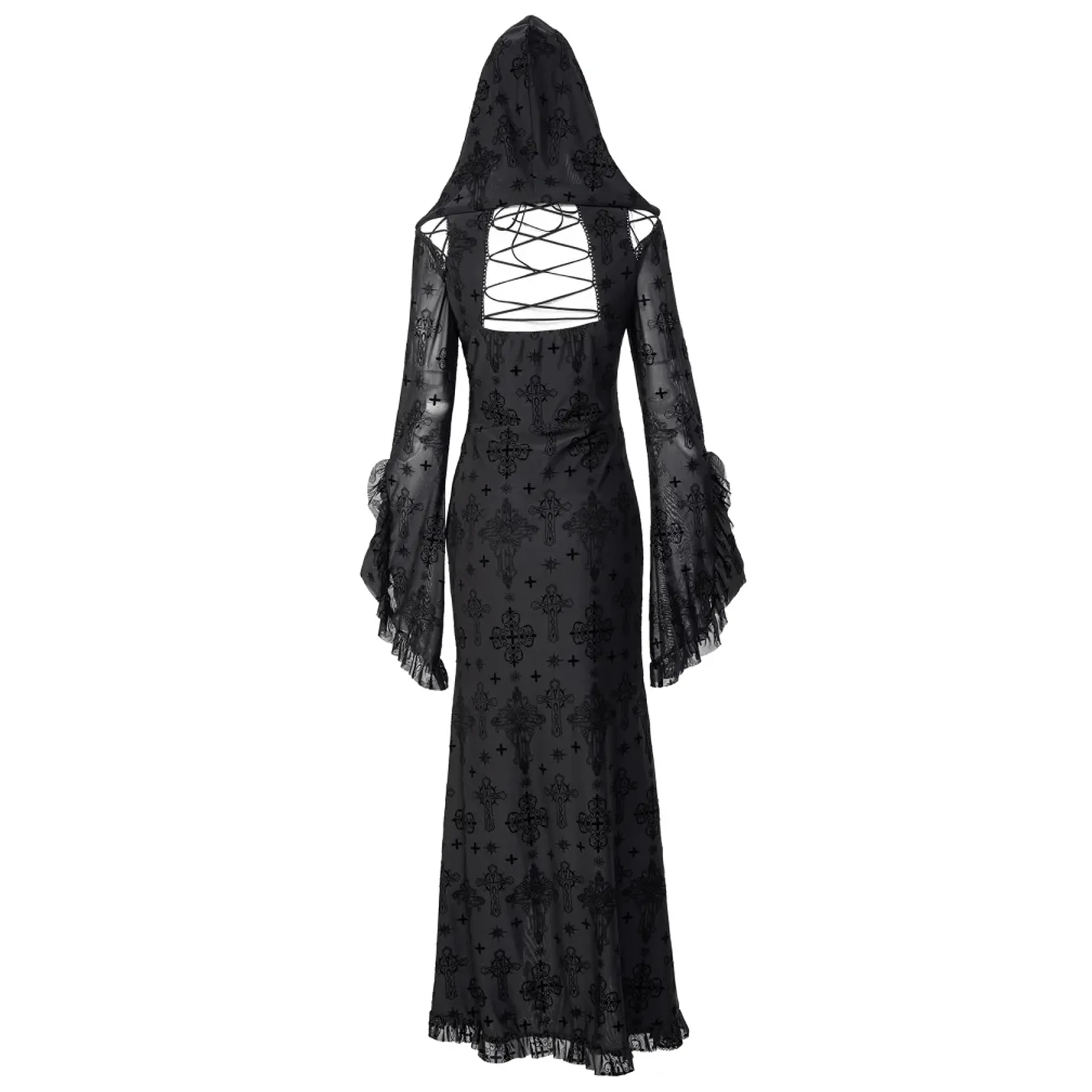 Women's Gothic Plunging Flared Sleeved Split Dress with Hood